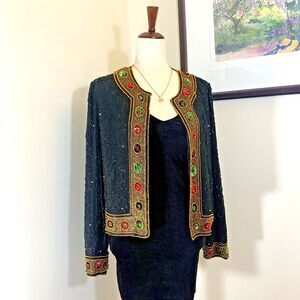 Vintage Evening Jacket XL Lawrence Kazar 100% Silk Beaded Black Gold Retro‎ 90’s